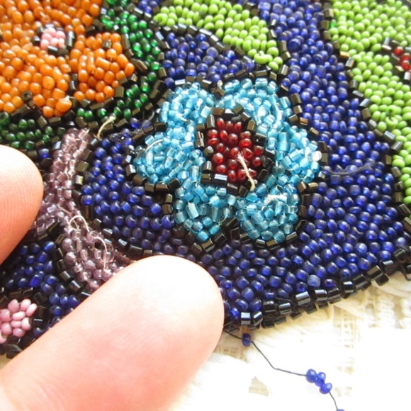 seed-bead Victorian antique handbag in radiant navy with florals ... hand-stitch - Picture 10 of 13